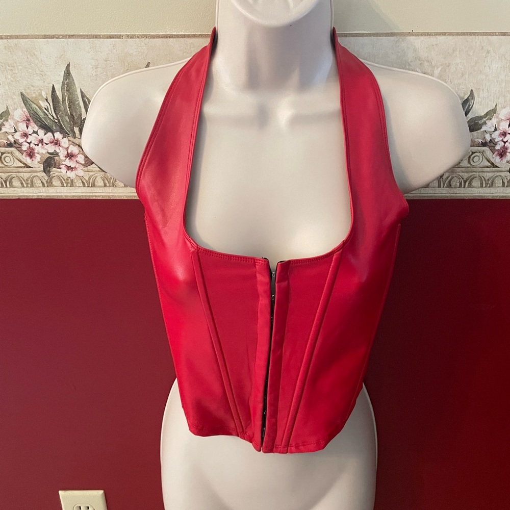 JNK Red Faux Leather Halter Crop Top - Bold Red